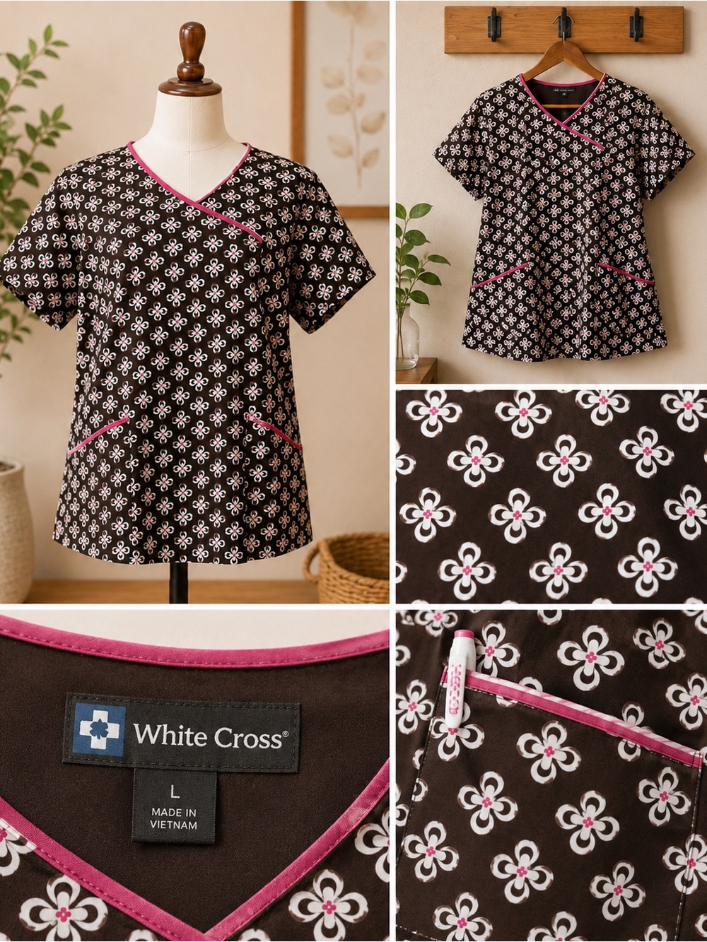White Cross Gingerbread Print Brown & Pink Scrub Top L
